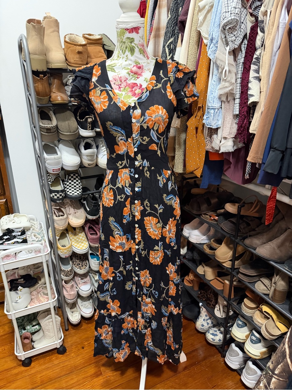 Patrons of Peace Black Midi Dress with Orange Floral Print